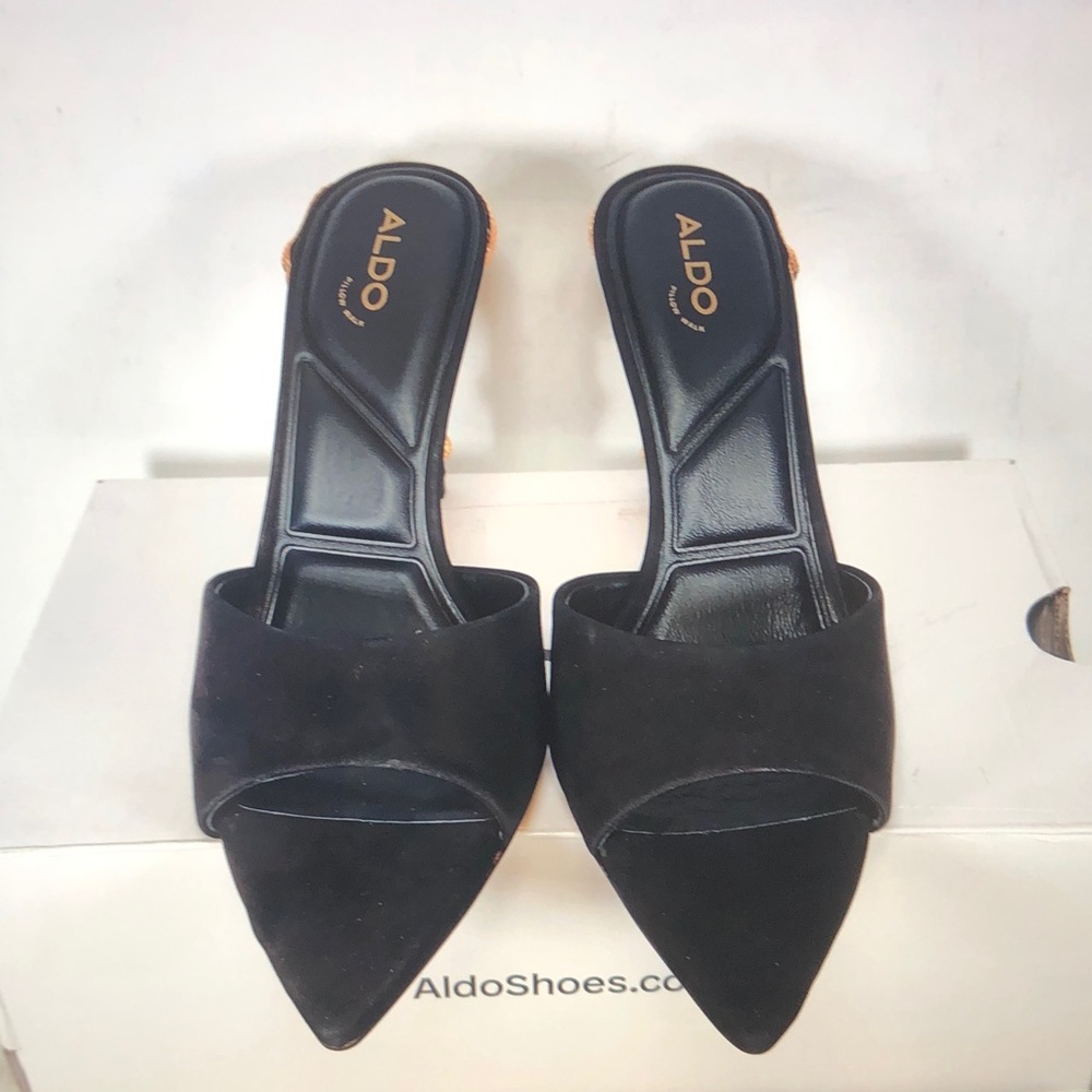 ALDO Black Suede Pointed Toe Mule with Gold Decorative Heel - Picture 4 of 8
